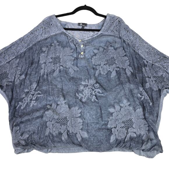 Mycesare Top Womens 1X Transparent Blue Floral Lace Angora Nylon Spandex Blouse - Picture 1 of 15